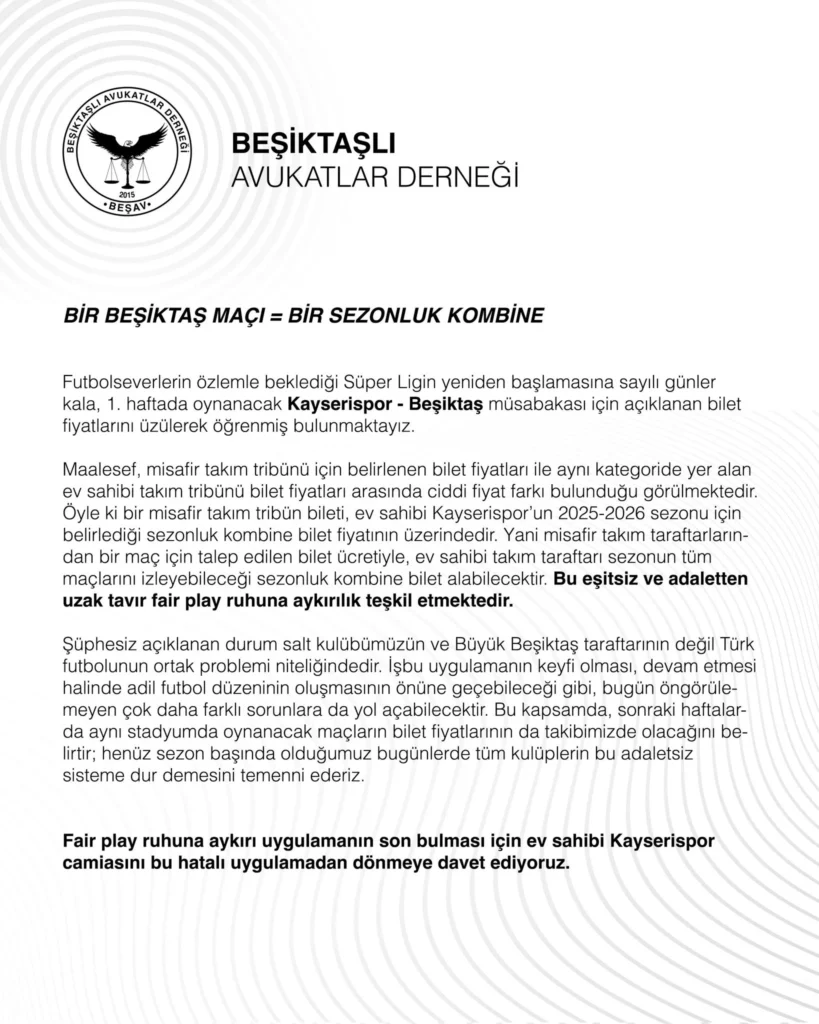 Beşiktaşlı Avukatlar Derneği'nden Kayserispor yönetimine çağrı